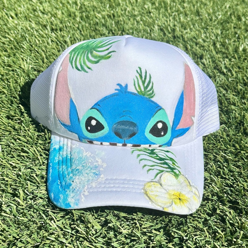 Stitch Cat Blue and White with Tropical Design Hat Handmade Adjustable